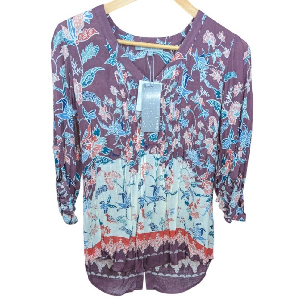 Daniel Rainn Pleated XS Blouse Floral V-Neck Long Sleeve Roll Tab Sleeve Paisley